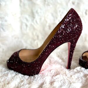 Christian Louboutin Very Prive 120 Burgundy Glitter Peep Toe Heels Size 38 US 8